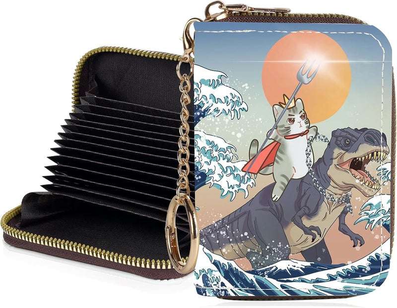 Luoycxy Credit Card Holder for Women,Small Rfid Wallet with Keychain Zipper,Cute PU Leather Card Case Wallet，Accordion Credit Card Wallets Gift,Cats and Dinosaurs - Image 1